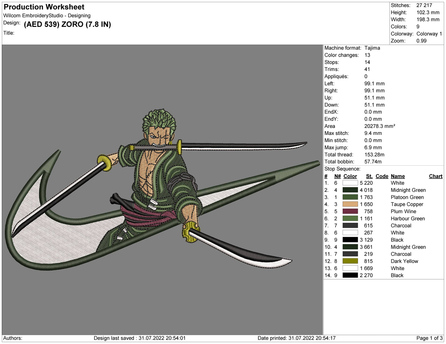 Roronoa Zoro Swoosh v2 Embroidery Design Files - 4 Size's