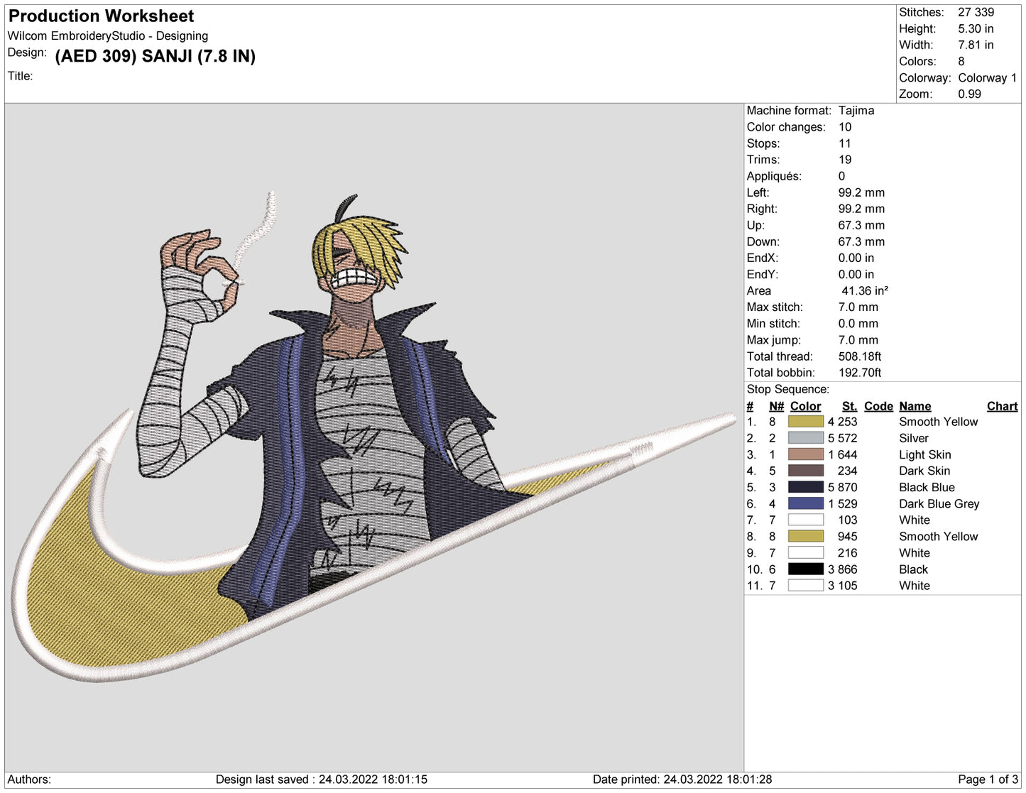 Sanji Swoosh Embroidery Design Files - 4 Size's
