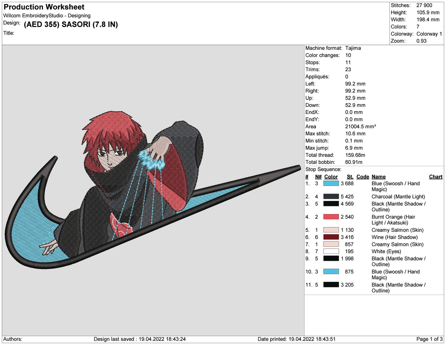 Sasori Swoosh Embroidery Design Files - 4 Size's
