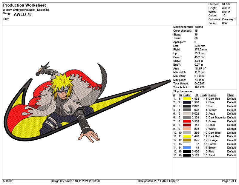 Minato Namikaze Swoosh Embroidery Design Files - 6 Size's