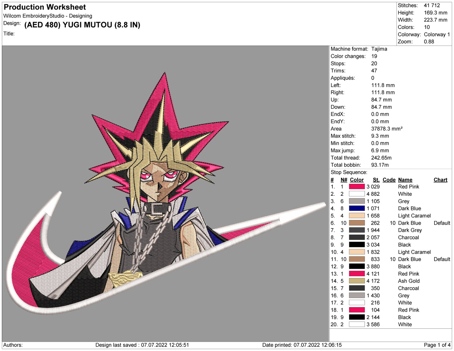 Yugi Mutou Embroidery Design Files - 4 Size's