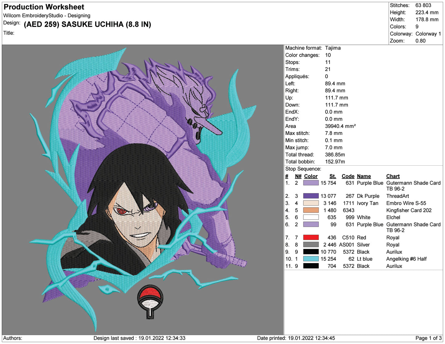 Sasuke Uchiha v4 Embroidery Design Files - 4 Size's