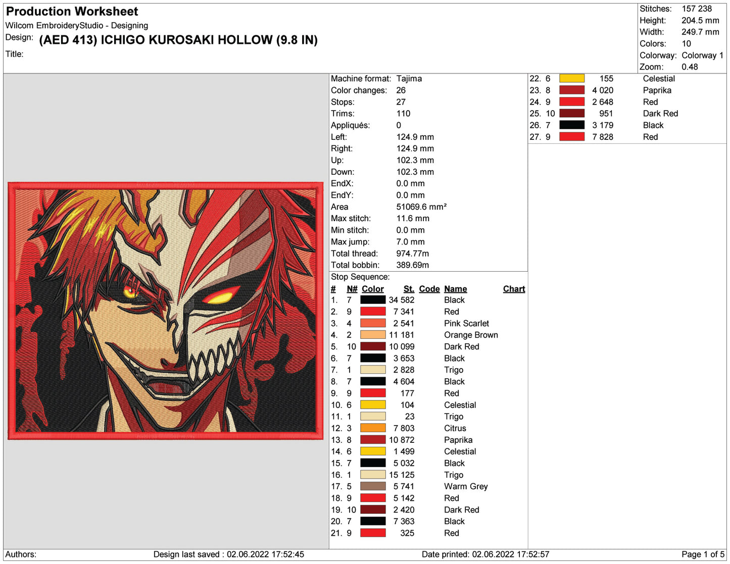 Ichigo Kurosaki v5 Embroidery Design Files - 4 Size's