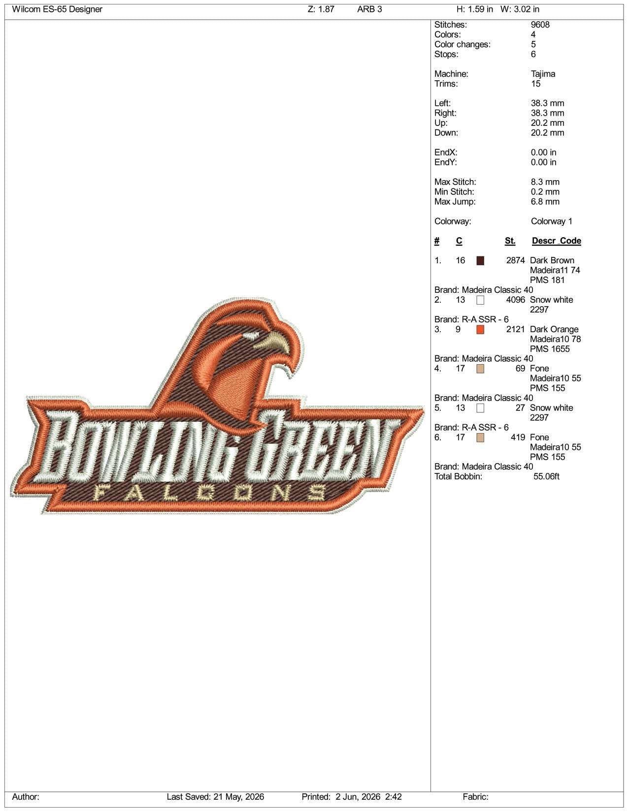 Bowling Green Falcons Logo Embroidery Design Files - 3 Size's