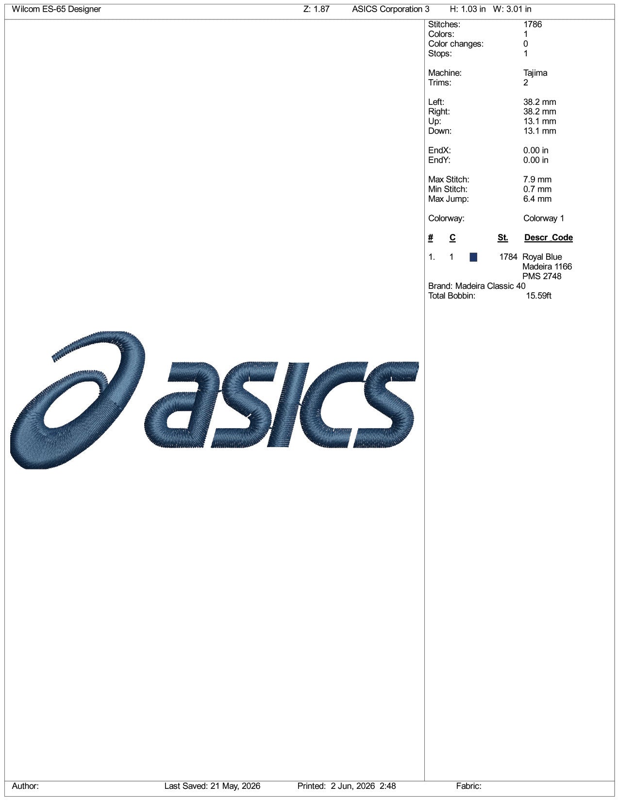 ASICS Corporation Embroidery Design Files - 3 Size's