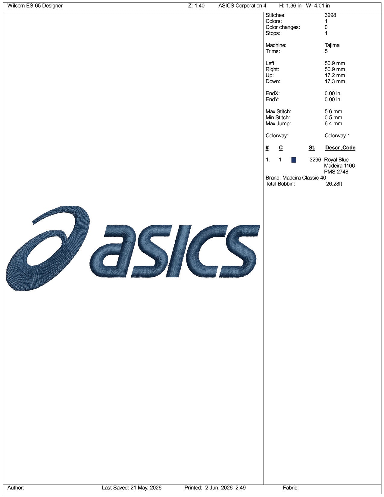 ASICS Corporation Embroidery Design Files - 3 Size's