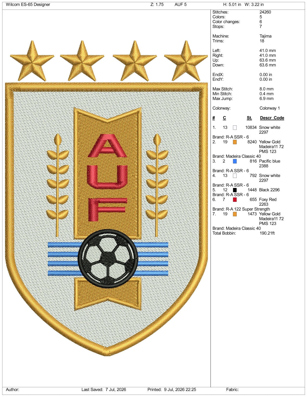 Uruguayan Football Logo Embroidery Design Files - 3 Size's
