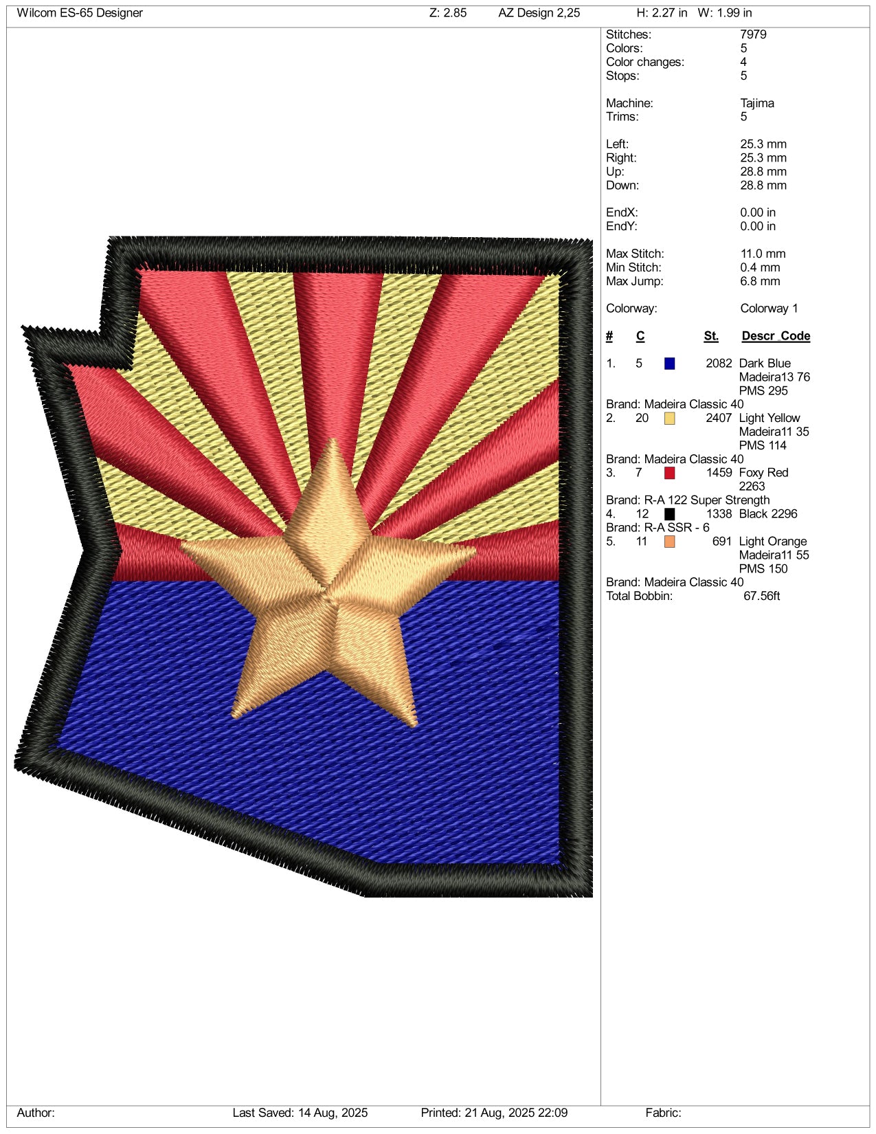 Arizona Flag Patch Embroidery Design Files - 1 Size