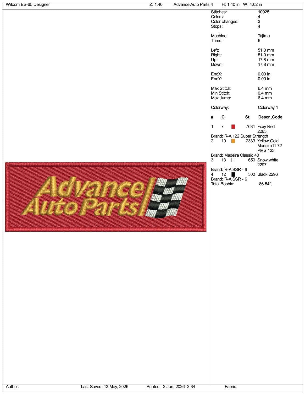 Advance Auto Parts Logo Embroidery Design Files - 3 Size's