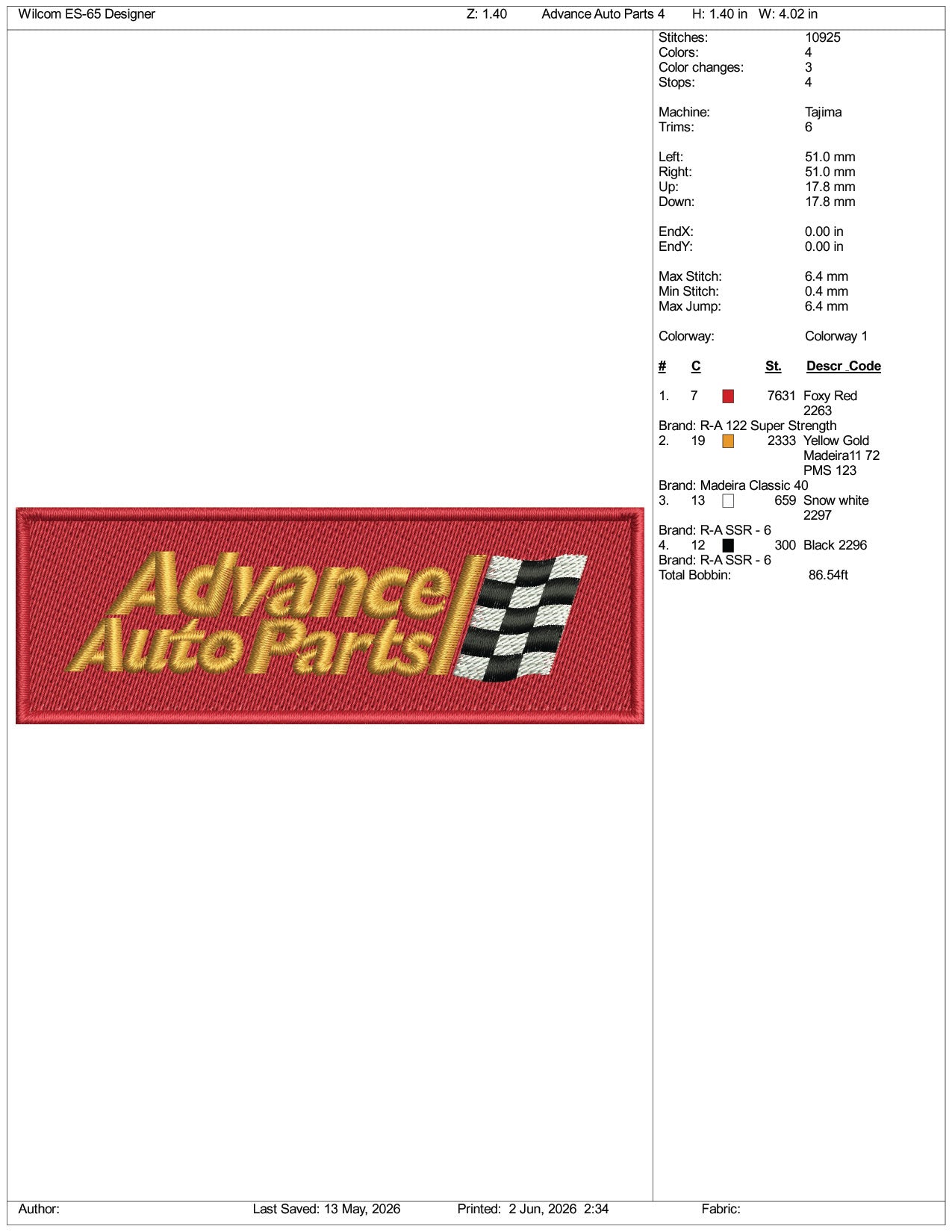 Advance Auto Parts Logo Embroidery Design Files - 3 Size's