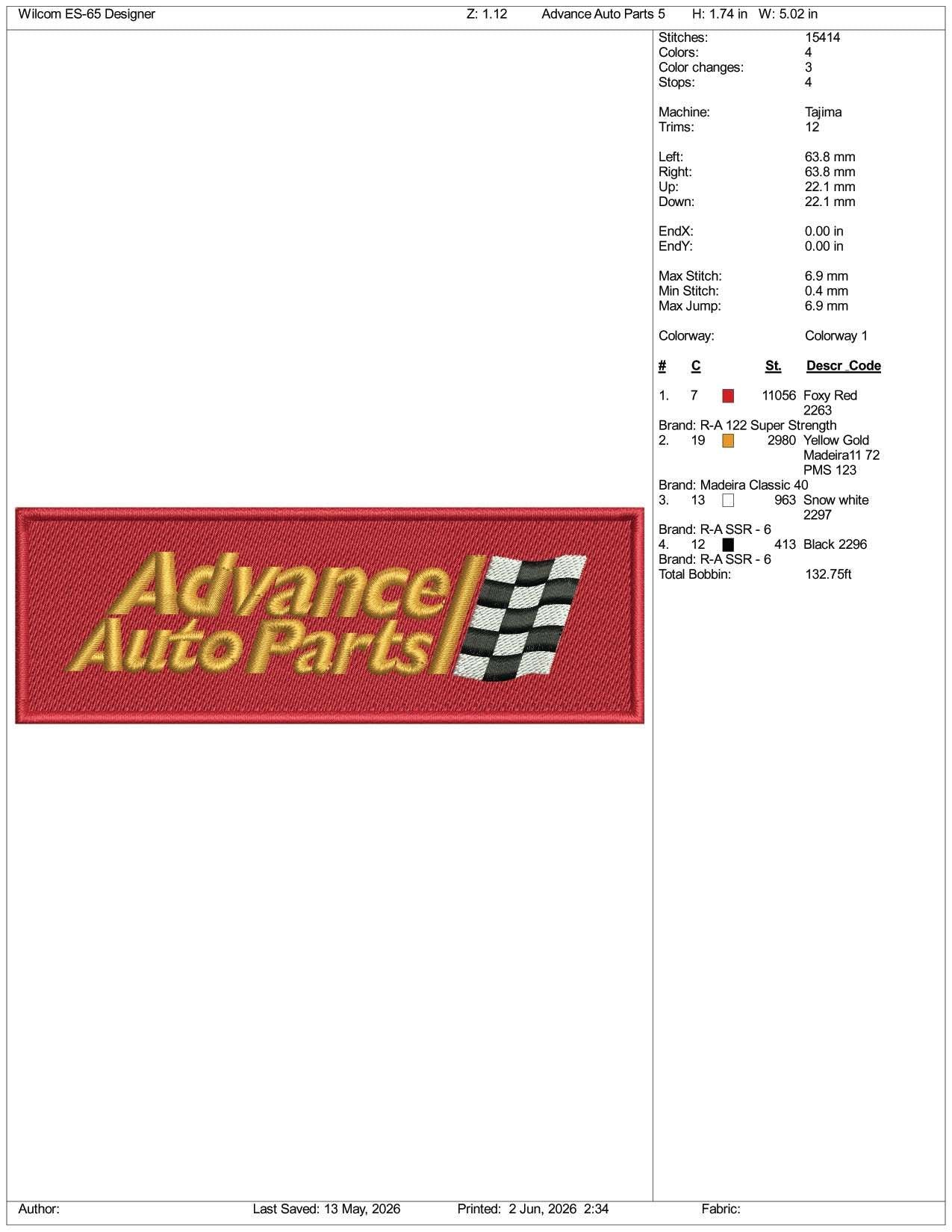 Advance Auto Parts Logo Embroidery Design Files - 3 Size's