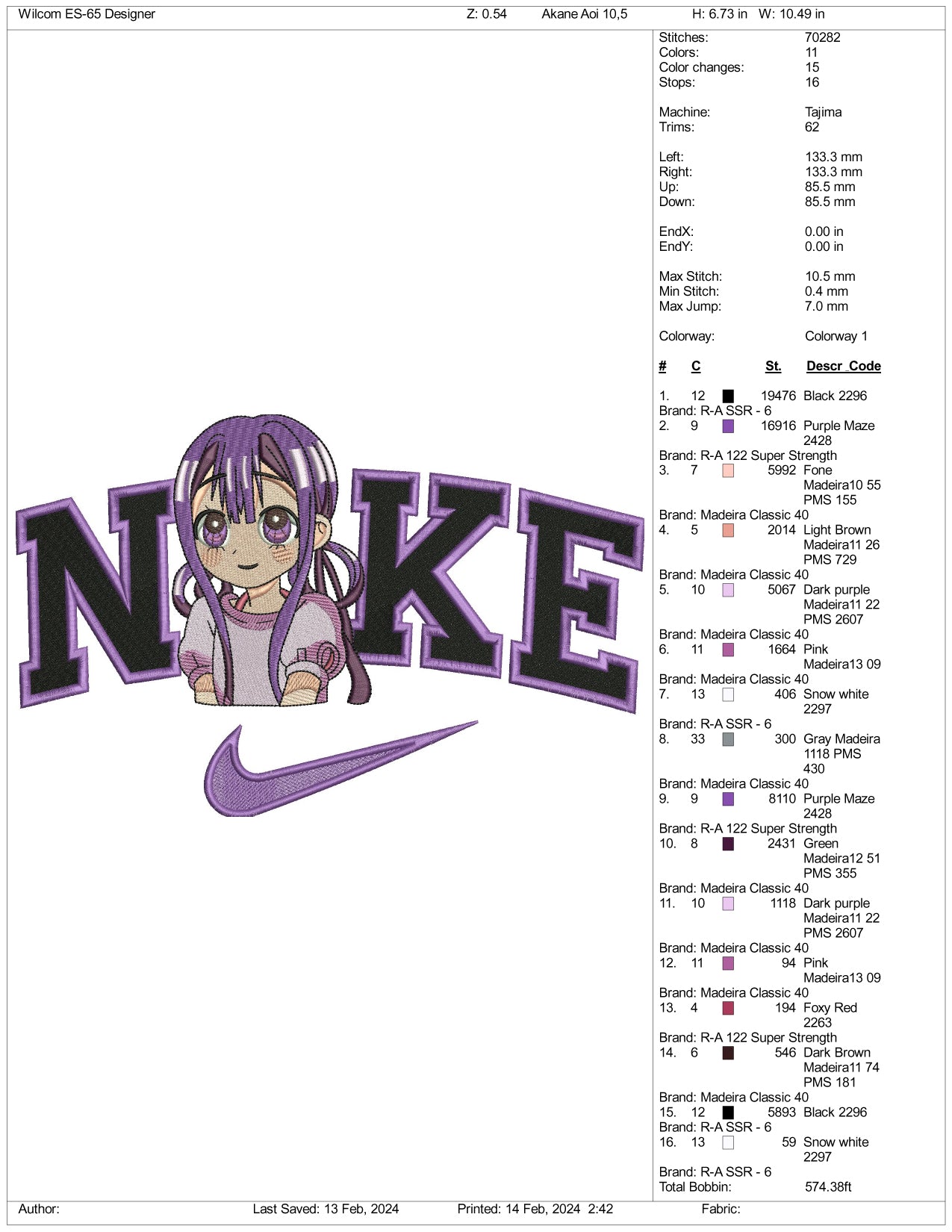 Nike Yashiro Nene Embroidery Design Files - 3 Size's