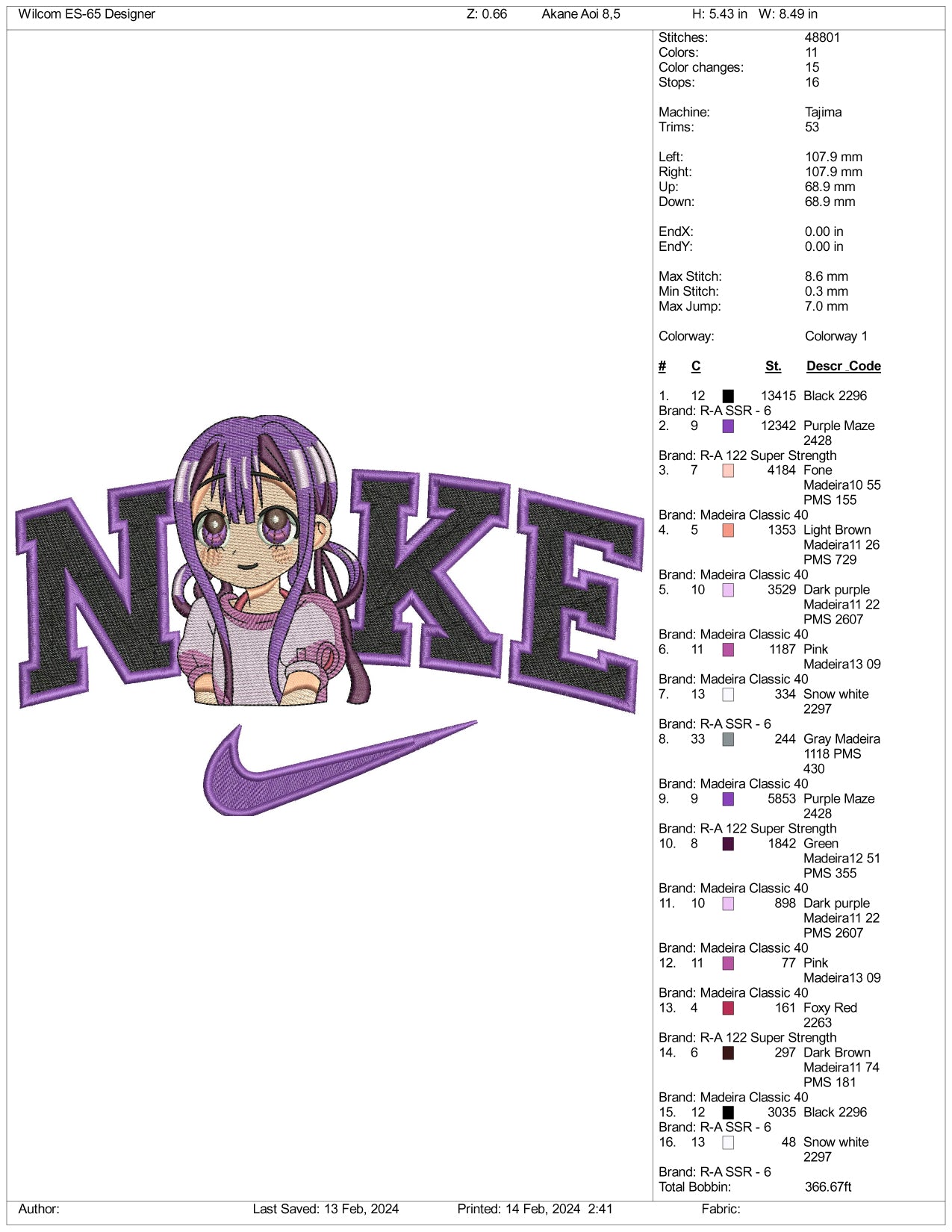 Nike Yashiro Nene Embroidery Design Files - 3 Size's