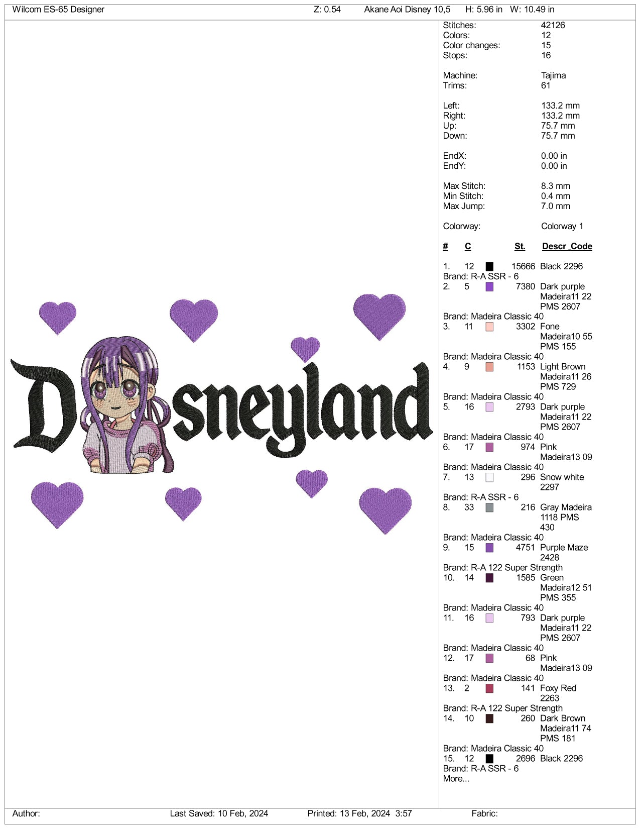 Yashiro Nene Disneyland Embroidery Design Files - 3 Size's