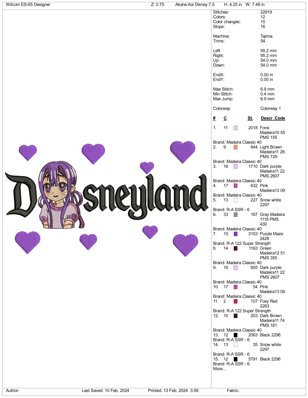 Yashiro Nene Disneyland Embroidery Design Files - 3 Size's