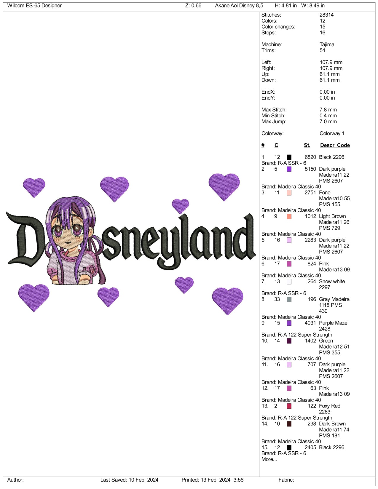 Yashiro Nene Disneyland Embroidery Design Files - 3 Size's