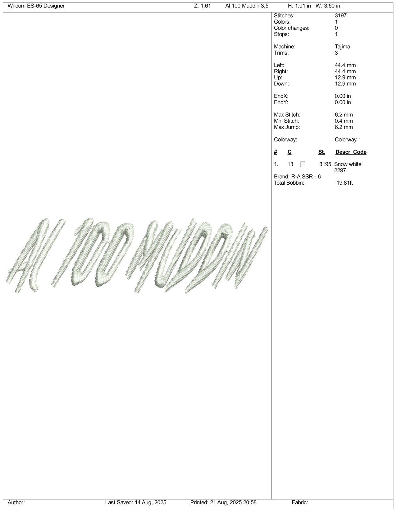 Al 100 Muddin Embroidery Design Files - 3 Size's