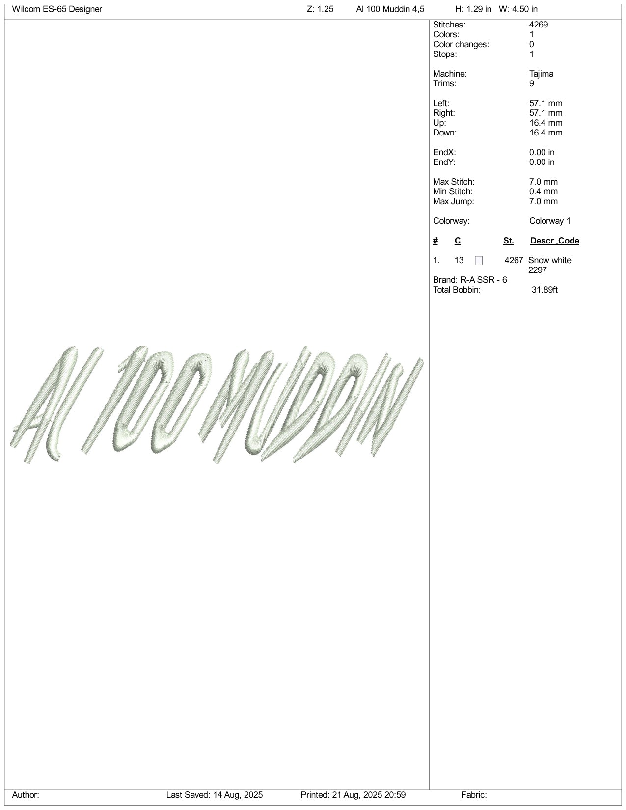 Al 100 Muddin Embroidery Design Files - 3 Size's