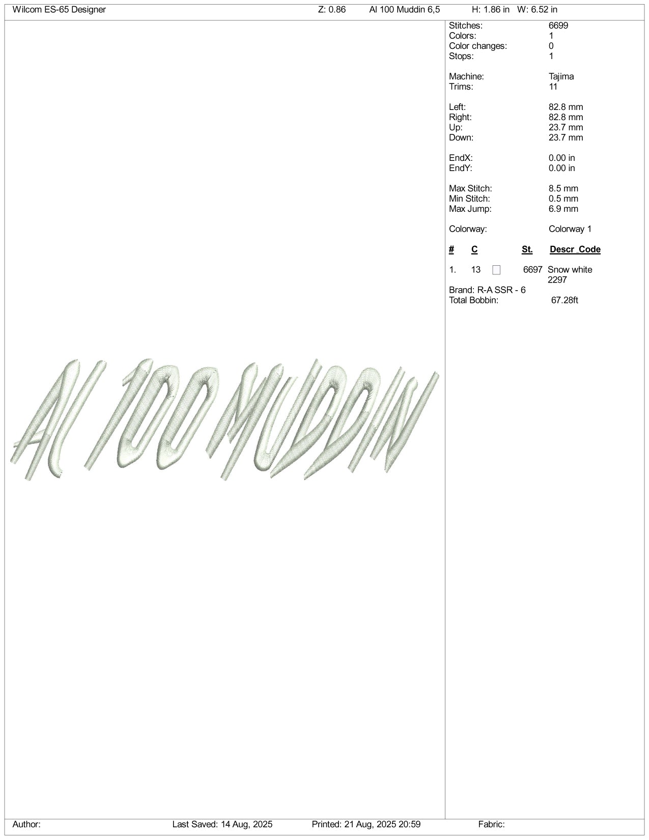 Al 100 Muddin Embroidery Design Files - 3 Size's