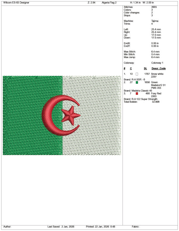 Algeria Flag Embroidery Design Files - 3 Size's