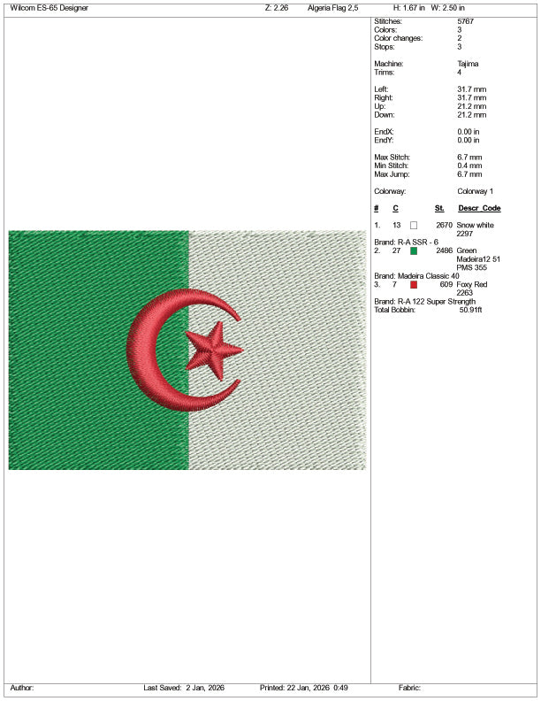 Algeria Flag Embroidery Design Files - 3 Size's