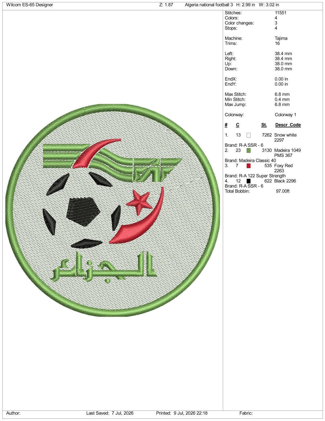 Algeria National Football Logo Embroidery Design Files - 3 Size's