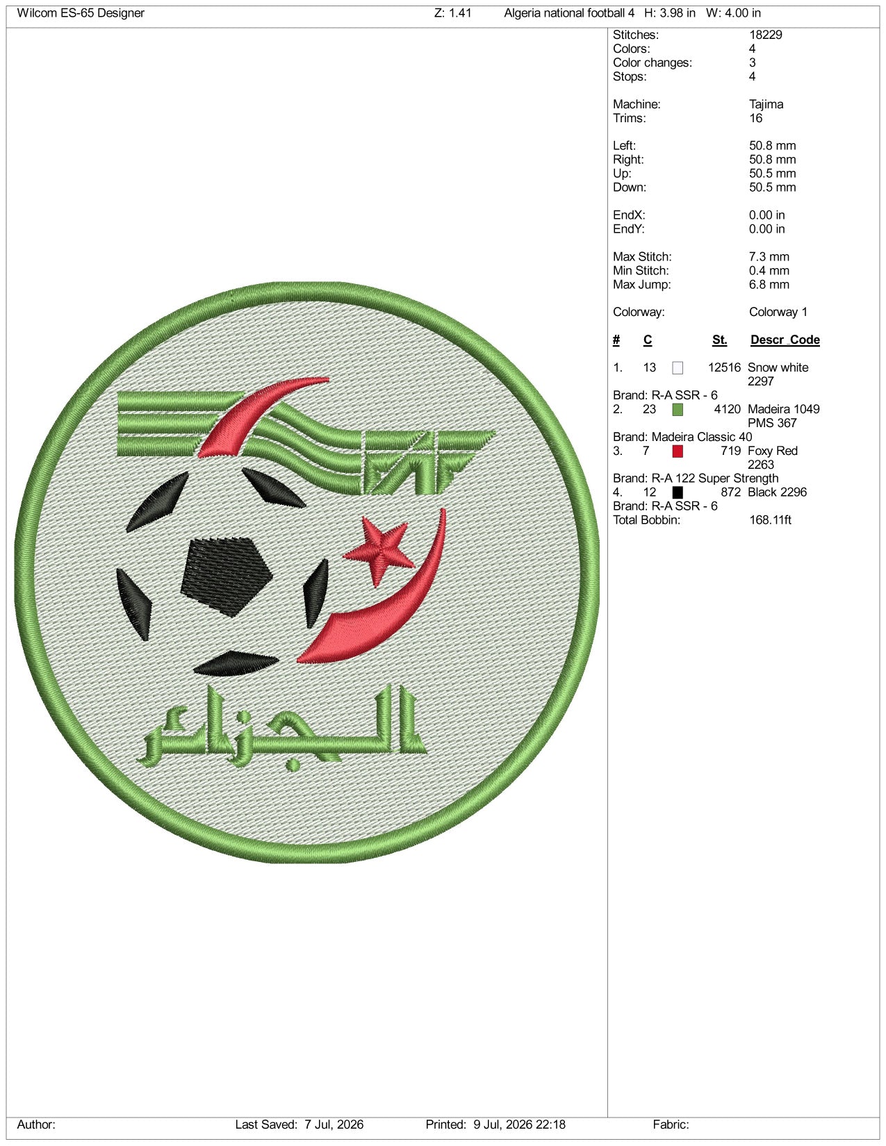 Algeria National Football Logo Embroidery Design Files - 3 Size's
