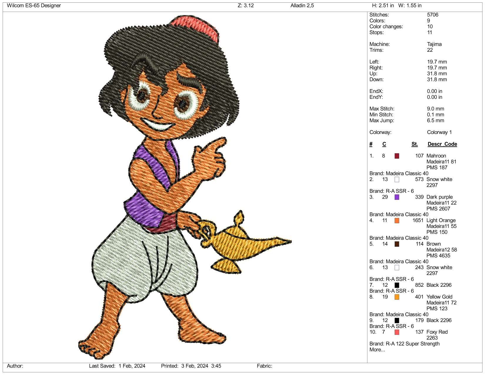 Chibi Aladdin Embroidery Design Files - 3 Size's