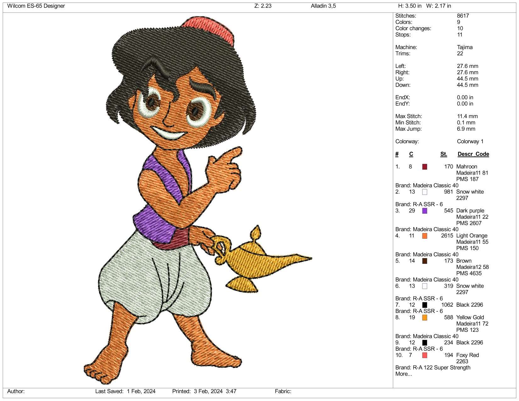 Chibi Aladdin Embroidery Design Files - 3 Size's