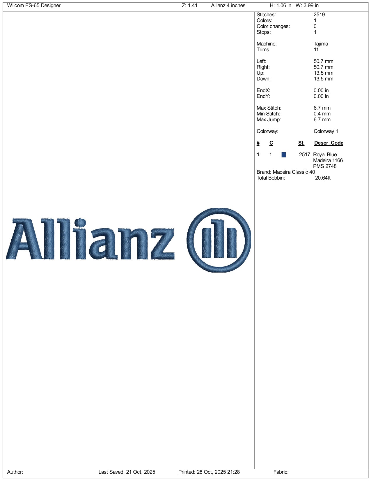 Allianz Logo Embroidery Design Files - 3 Size's