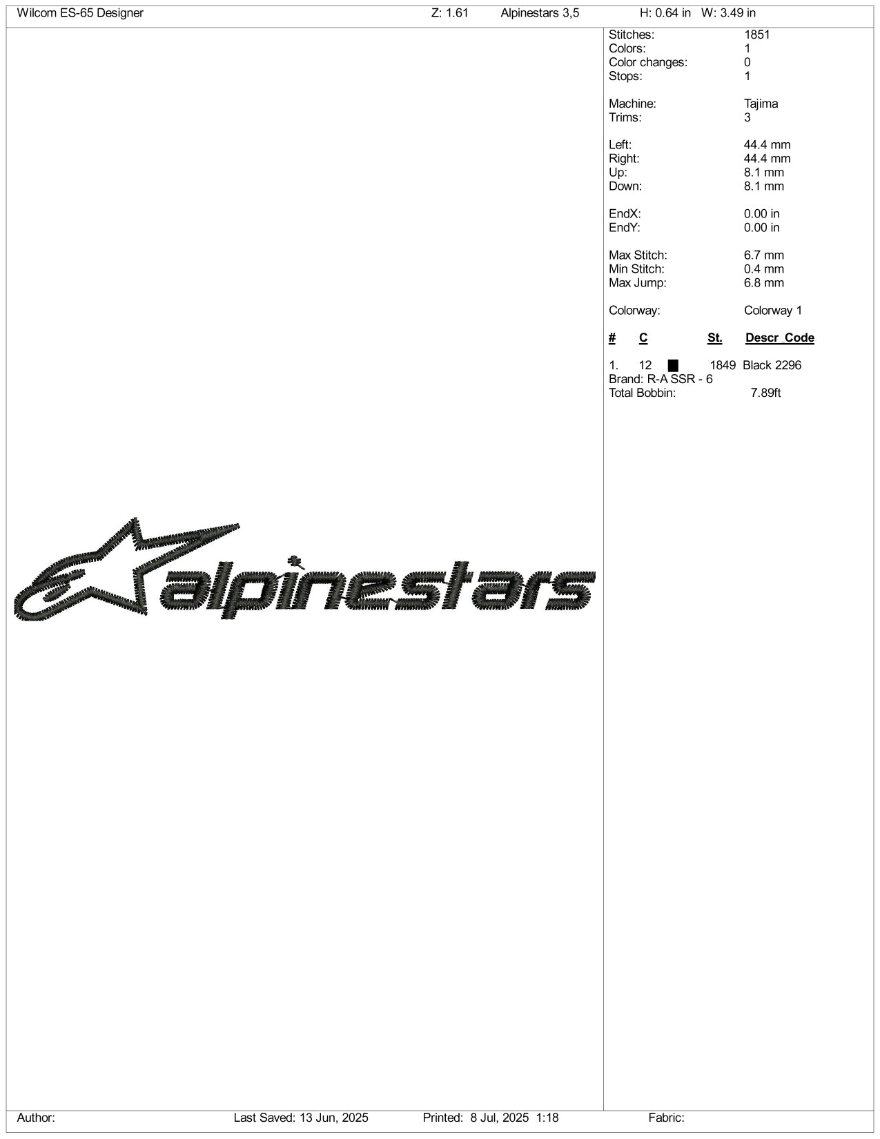 Alpinestars Logo Embroidery Design Files - 3 Size's