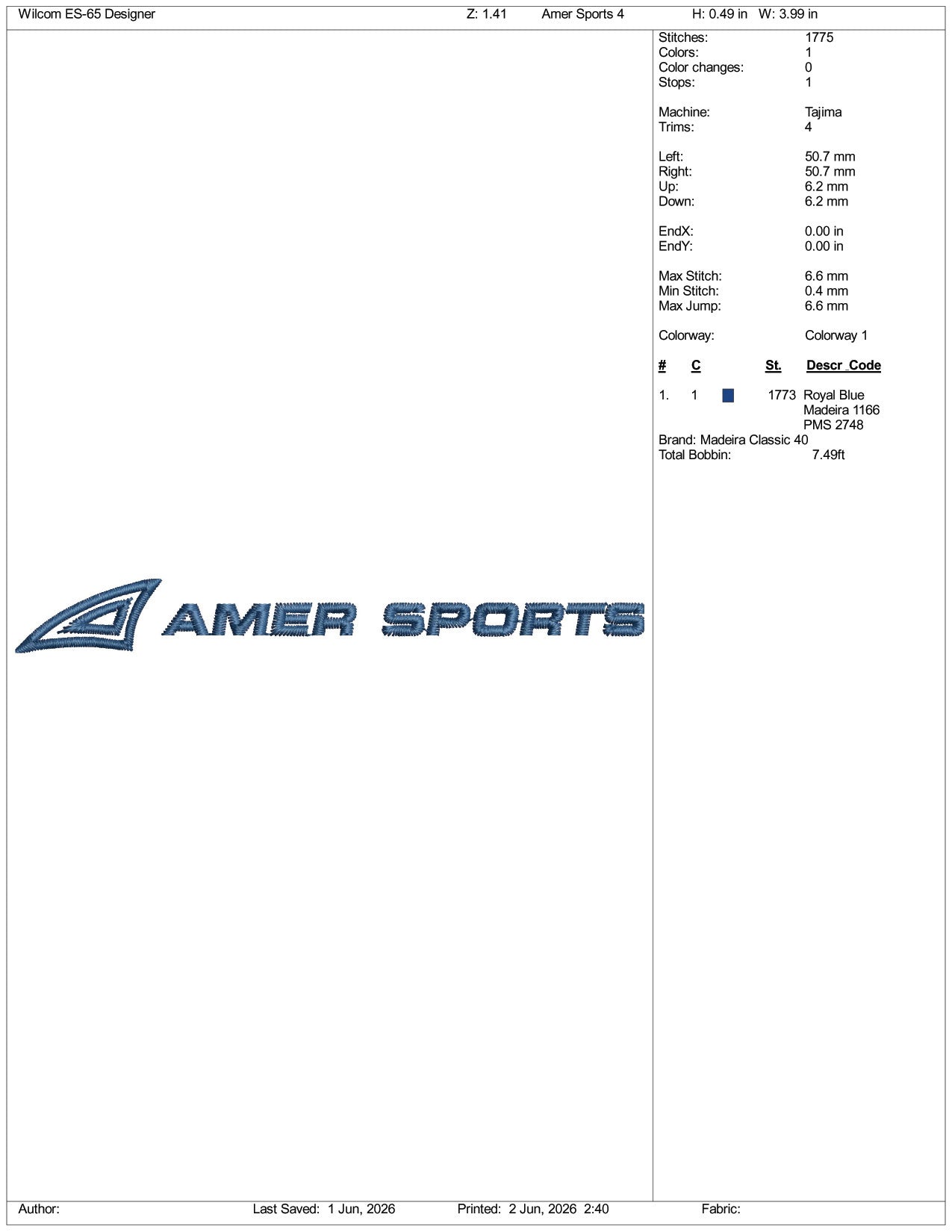 Amer Sports Logo Embroidery Design Files - 3 Size's