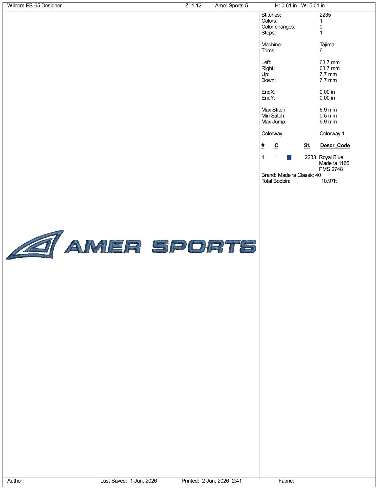 Amer Sports Logo Embroidery Design Files - 3 Size's