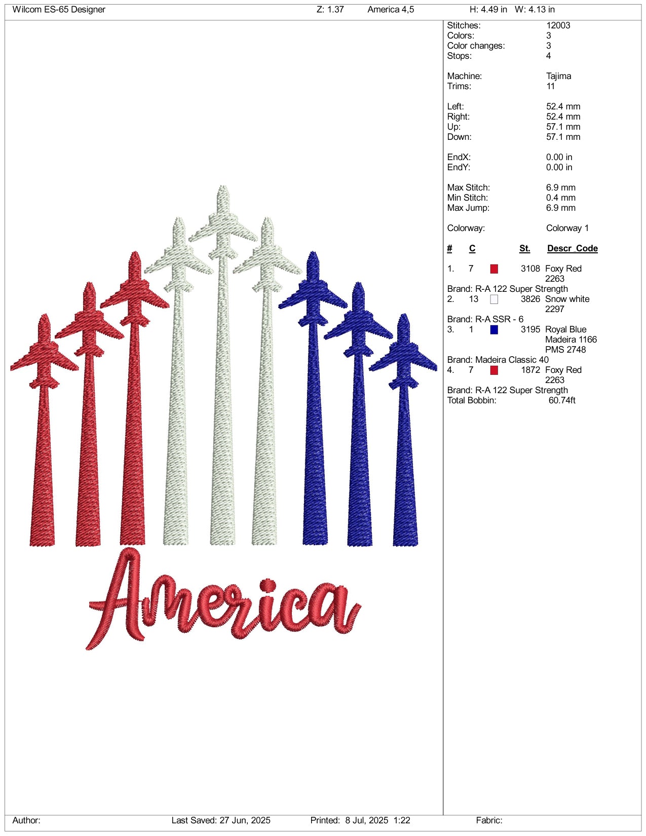 4th July America Aeroplan Tribute Embroidery Design Files - 3 Size's