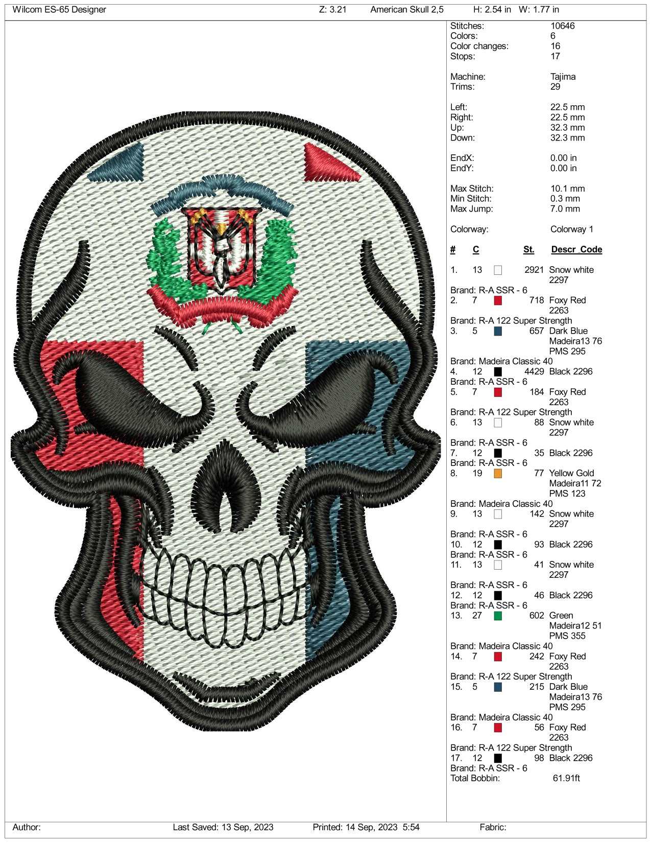 Dominican Republic Skull Flag Embroidery Design Files - 3 Size's