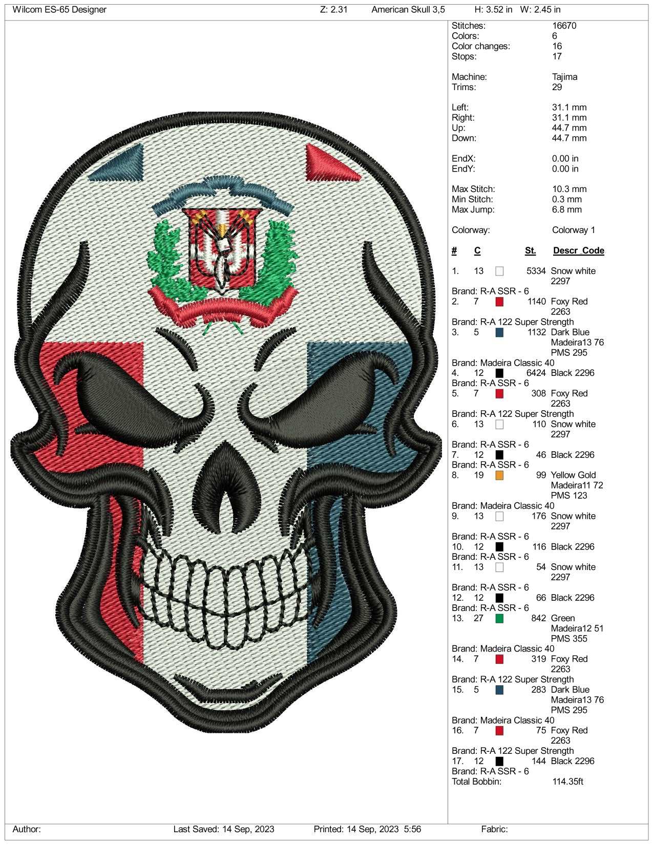 Dominican Republic Skull Flag Embroidery Design Files - 3 Size's