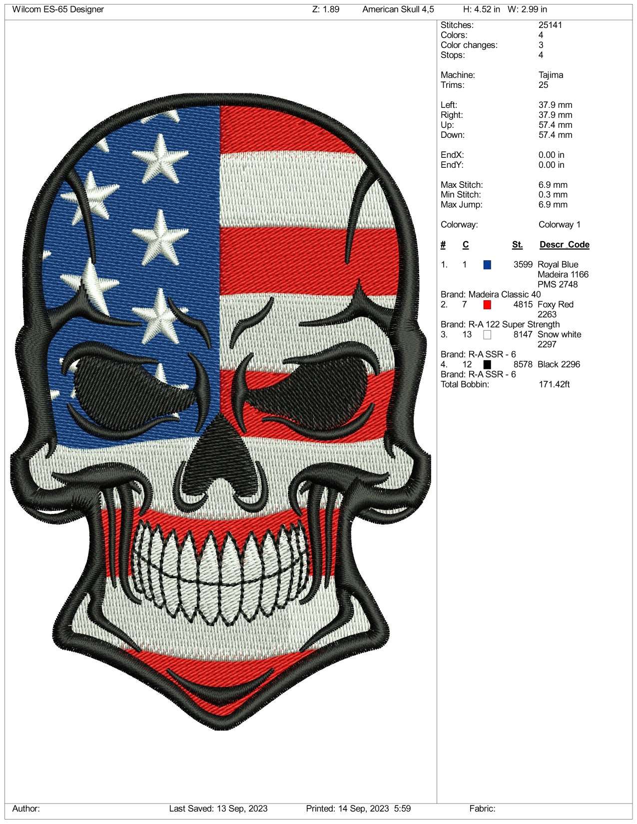 America Skull Flag Embroidery Design Files - 3 Size's