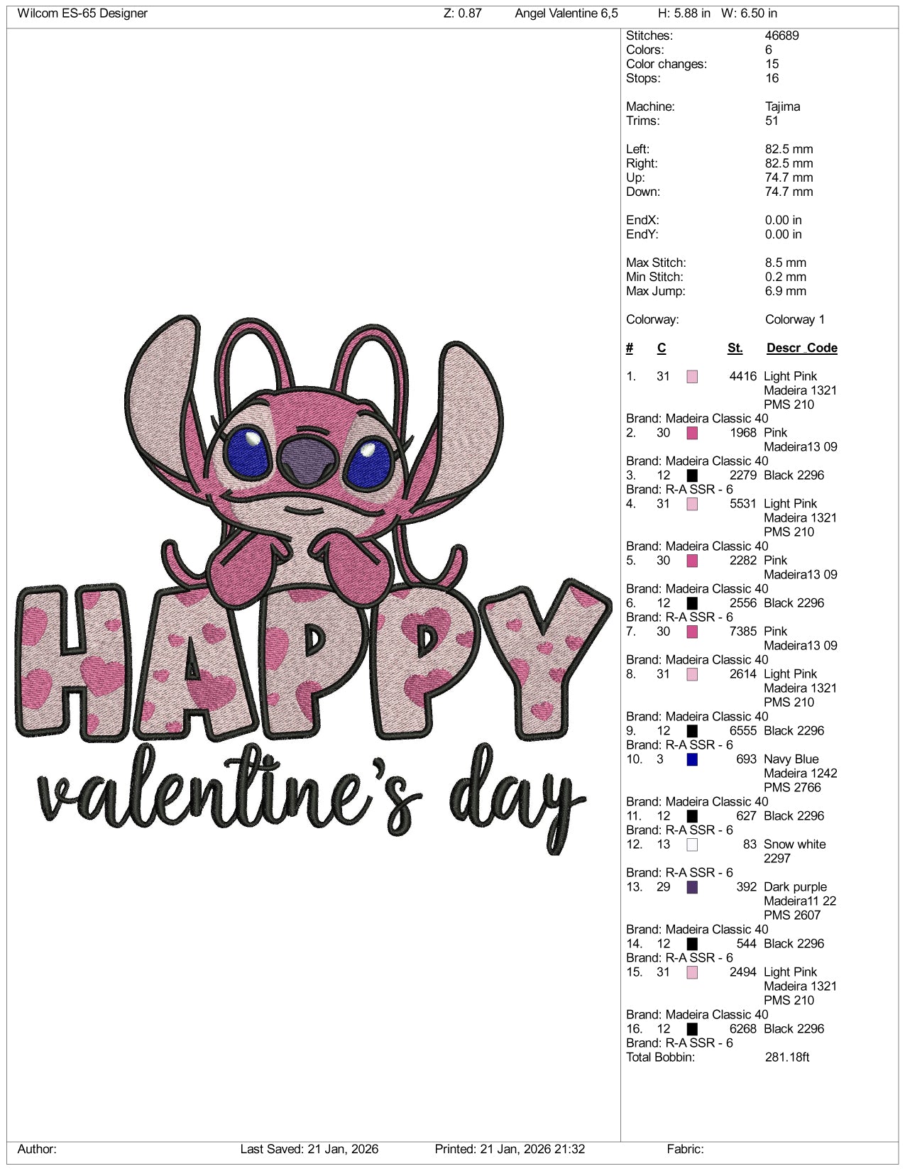 Happy Valentines Day Angel Embroidery Design Files - 3 Size's
