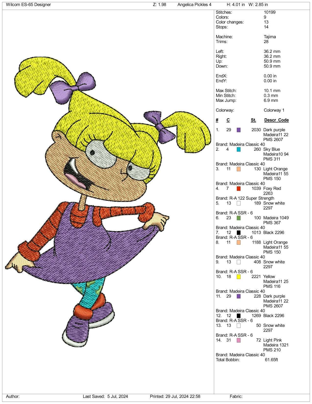 Angelica Pickles Embroidery Design Files - 3 Size's