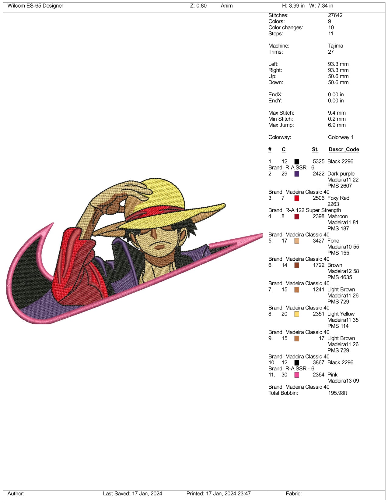 Nike with Monkey D Luffy Embroidery Design Files - 3 Size's