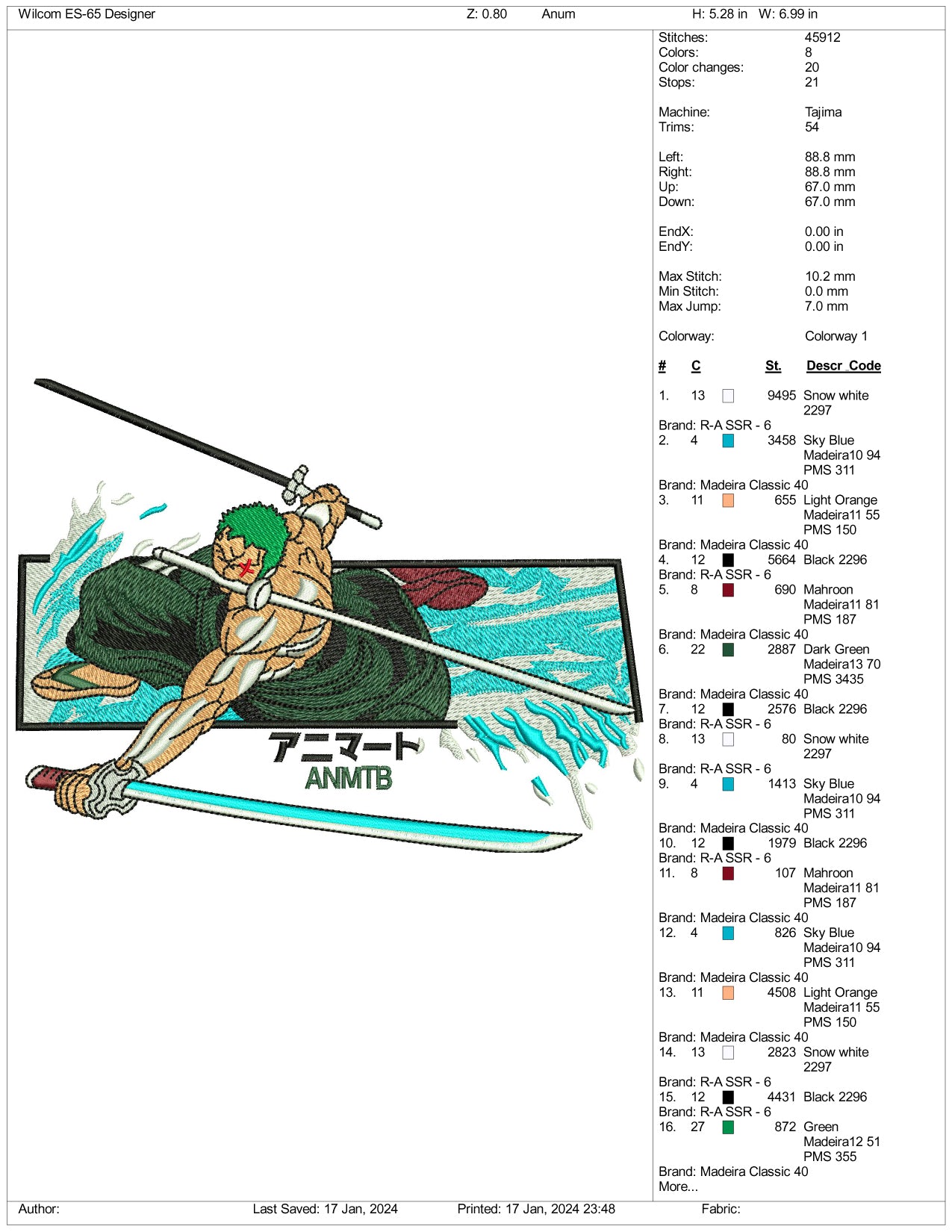 Roronoa Zoro Embroidery Design Files - 3 Size's