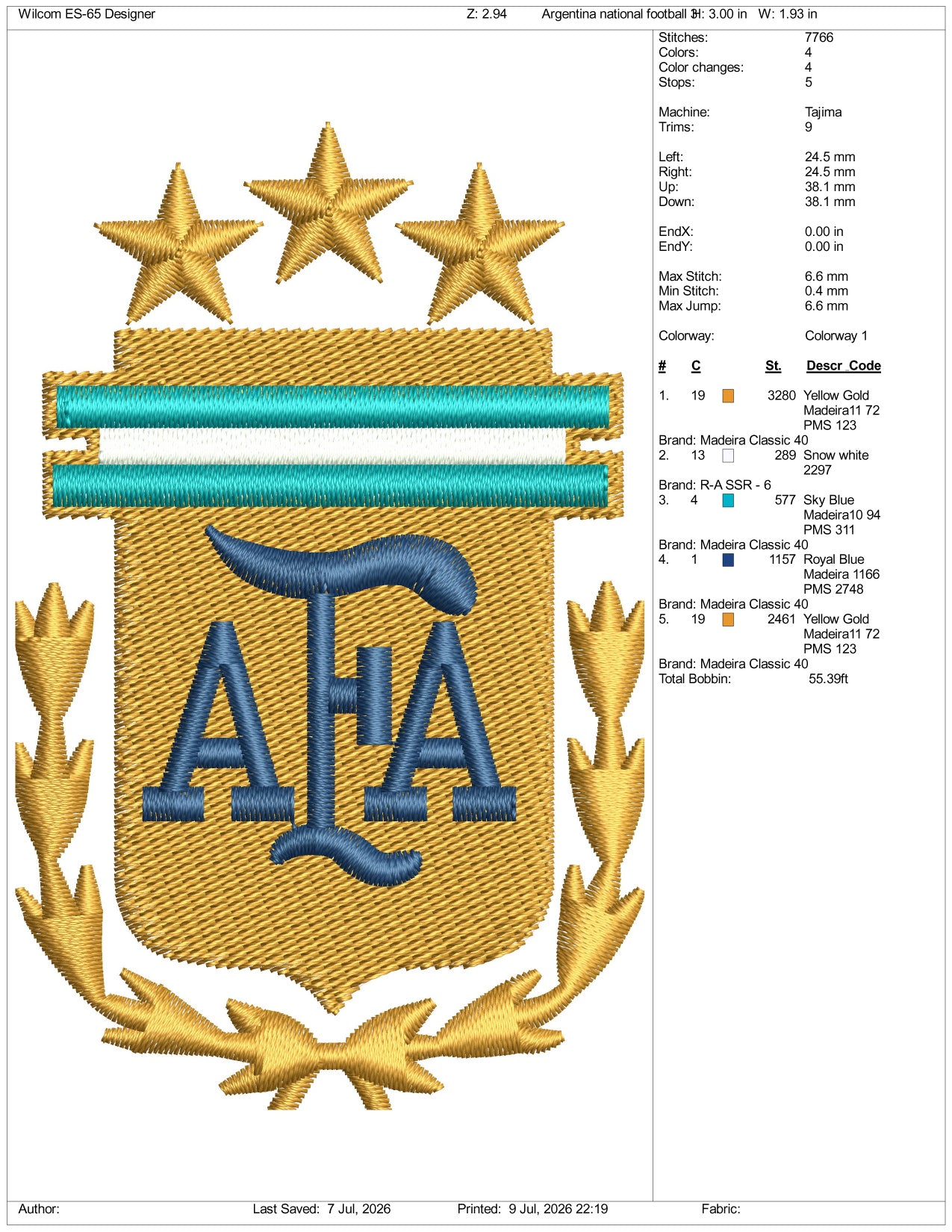 Argentina National Bootball Logo Embroidery Design Files - 3 Size's