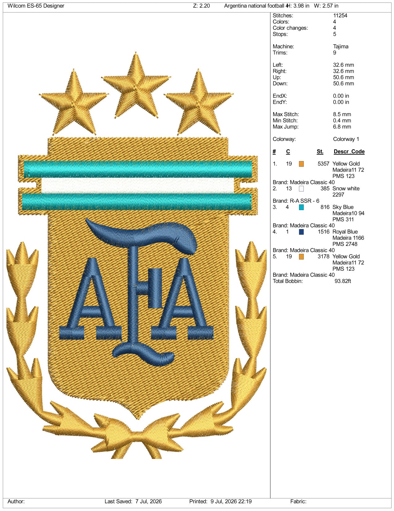 Argentina National Bootball Logo Embroidery Design Files - 3 Size's