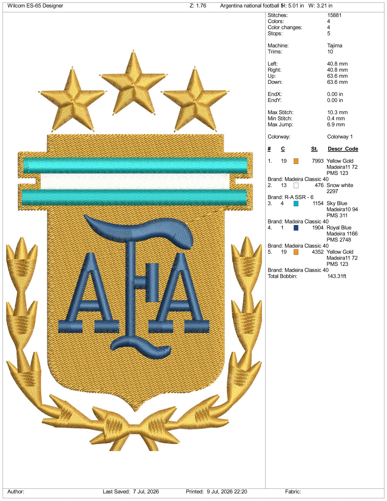 Argentina National Bootball Logo Embroidery Design Files - 3 Size's