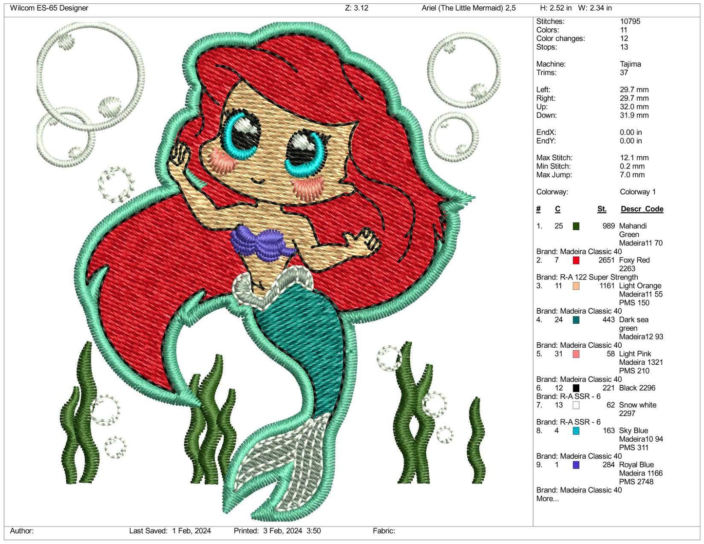 Chibi Ariel Embroidery Design Files - 3 Size's