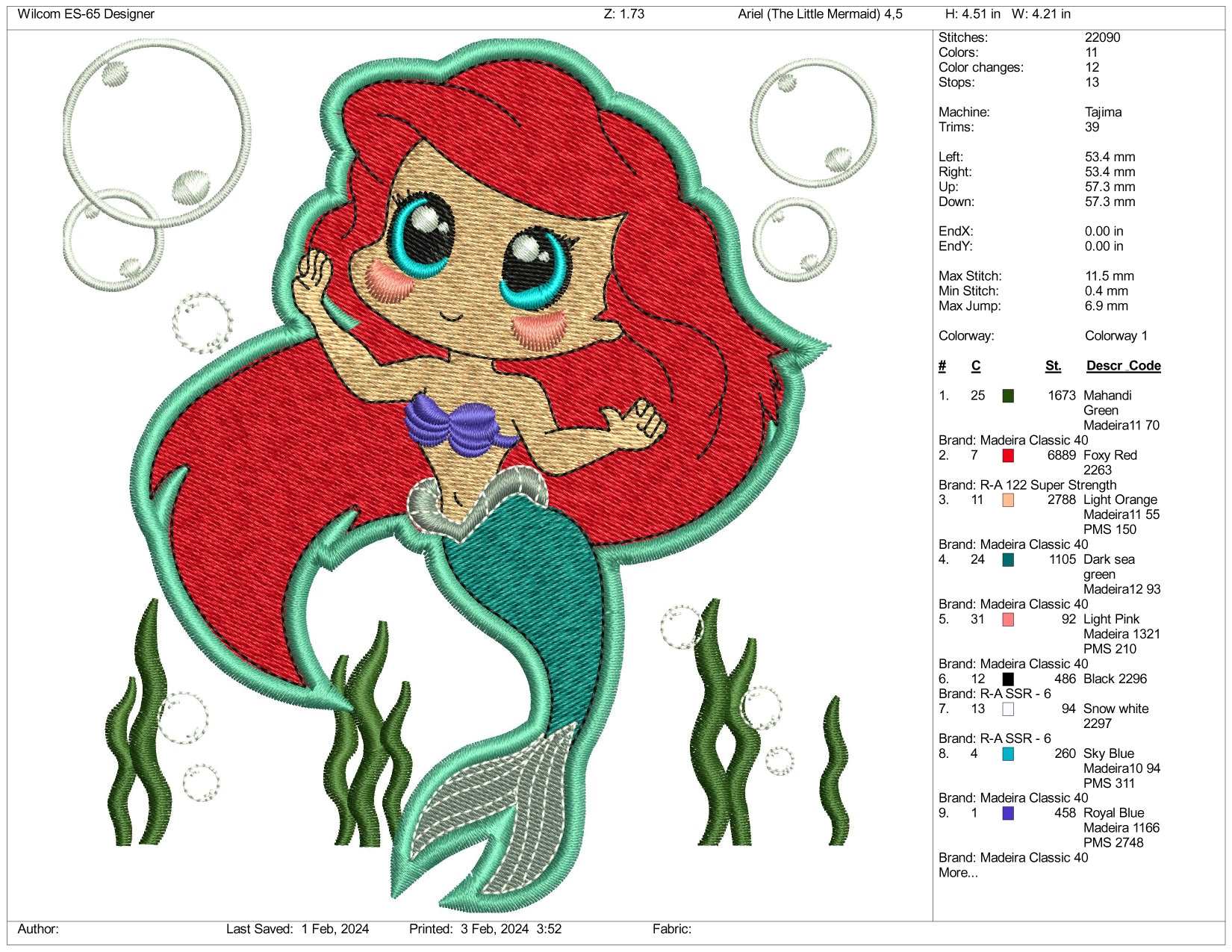 Chibi Ariel Embroidery Design Files - 3 Size's