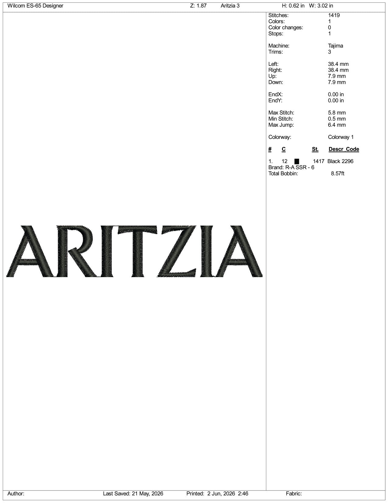 Aritzia Logo Embroidery Design Files - 3 Size's