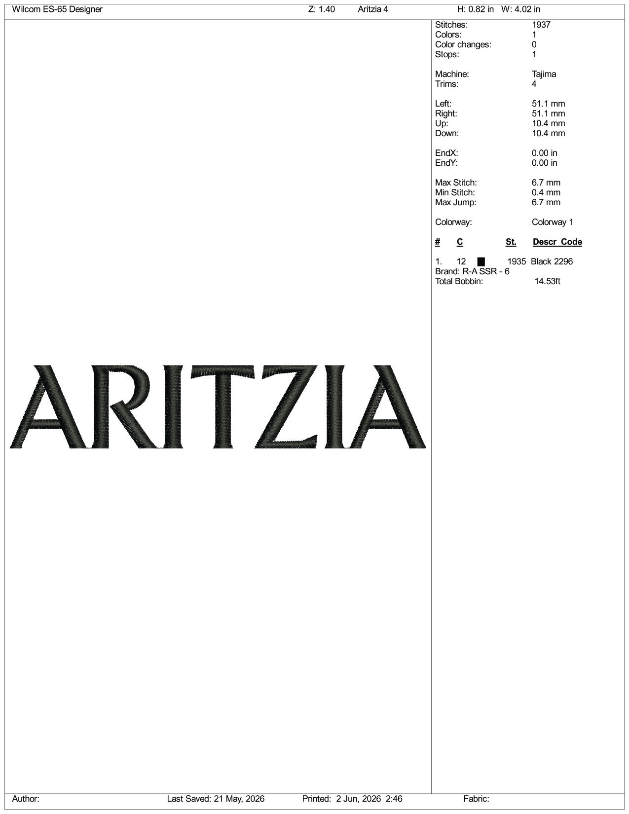 Aritzia Logo Embroidery Design Files - 3 Size's