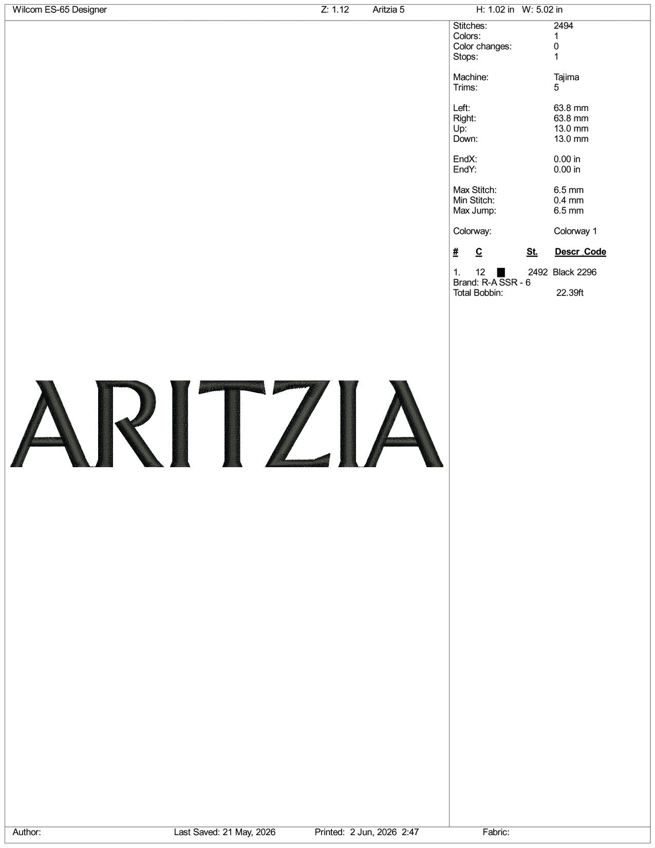 Aritzia Logo Embroidery Design Files - 3 Size's