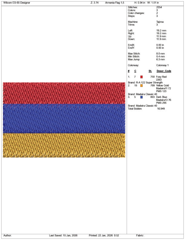 Armenia Flag Embroidery Design Files - 3 Size's